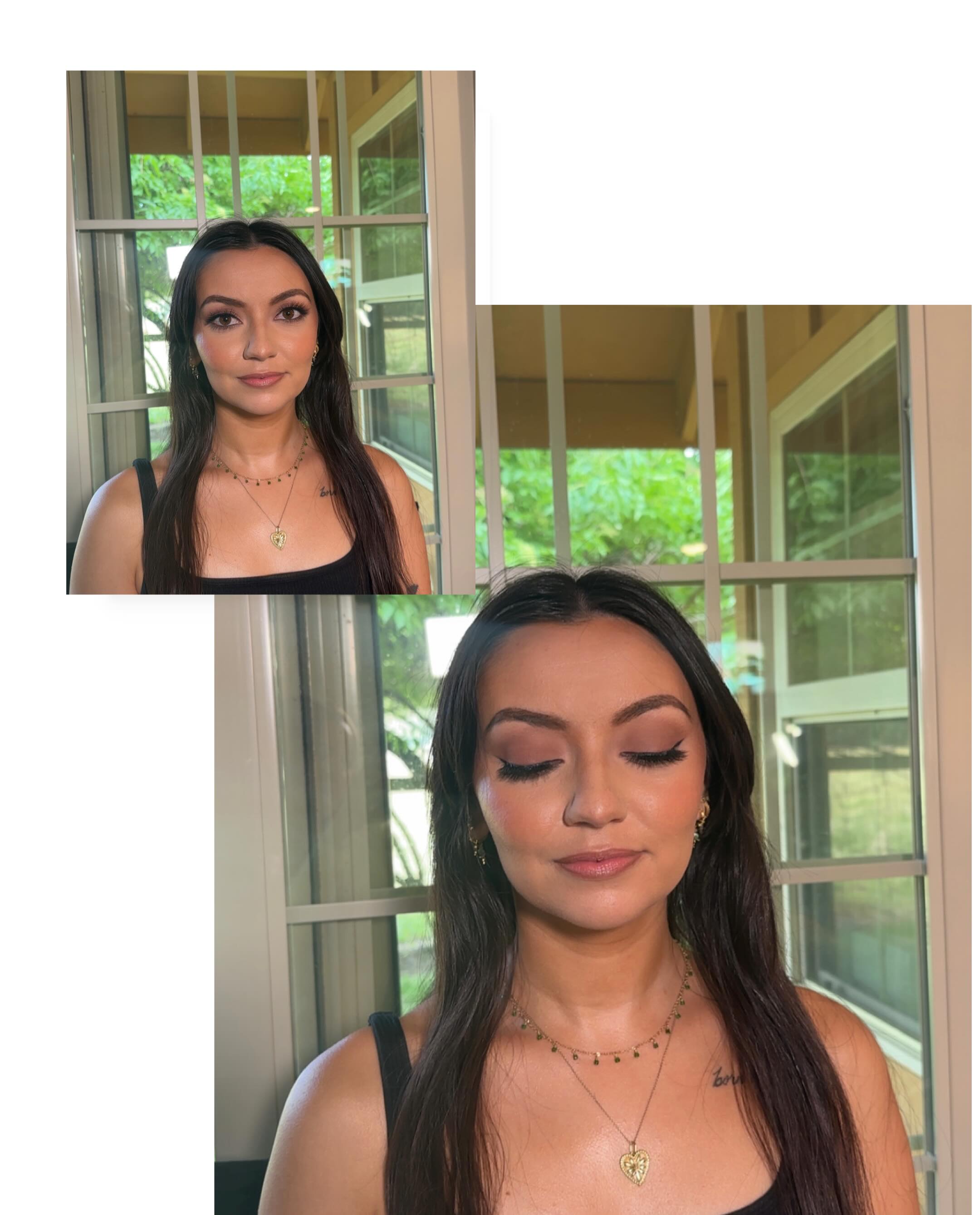 Client shown with open and closed eyes wearing warm neutral soft glam